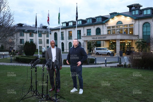 220223 - WRU CEO Nigel Walker and Ken Owens announce that the Wales v England match will go ahead at the Vale Hotel, Cardiff, after a meeting to discuss issues with player contracts and pay terms
