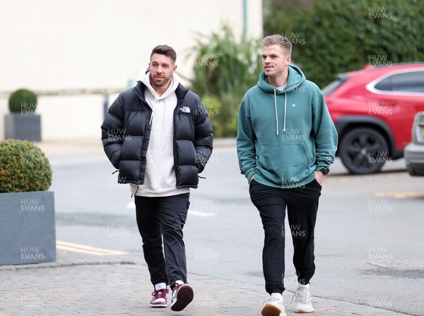 220223 - Wales players Rhys Webb and Gareth Anscombe arrive at the Vale Hotel, Cardiff, ahead of a meeting to discuss issues with player contracts and pay terms and avoid the possibility of strike action ahead of the Wales v England Six Nations match this weekend