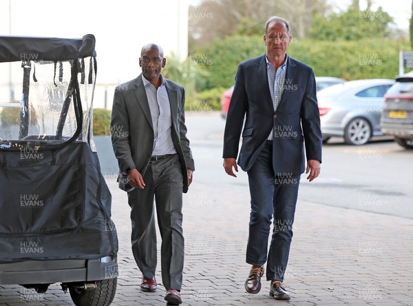 220223 - WRU acting CEO Nigel Walker and PRB chairman Malcolm Wall arrive at the Vale Hotel, Cardiff, ahead of a meeting to discuss issues with player contracts and pay terms and avoid the possibility of strike action ahead of the Wales v England Six Nations match this weekend