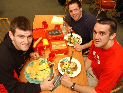 310703 - Michael Owen, Gareth Cooper and Jonathan Thomas enjoying their healthy meals as part of their fitness regimes