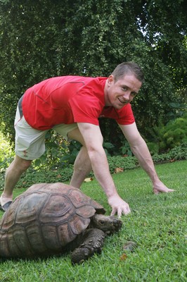 31.05.08 Wales rugby in S.Africa... Wales' Shane Williams shows a tortoise how to run in the garden of the team hotel in Cape Town.   
