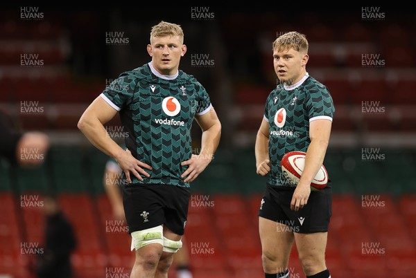 031123 - Wales Rugby Captains Run before their game against the Barbarians tomorrow - Jac Morgan and Sam Costelow during training