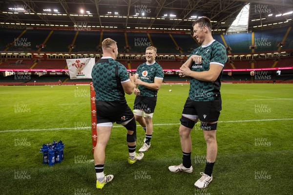 031123 - Wales Rugby Captains Run before their game against the Barbarians tomorrow - Dewi Lake, Jac Morgan and Adam Beard during training