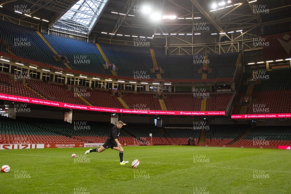 031123 - Wales Rugby Captains Run before their game against the Barbarians tomorrow - Leigh Halfpenny kicks during training