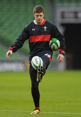 04.02.12 - Wales Rugby Captains Run -.Rhys Priestland kicks during training..