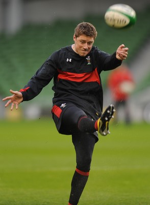 04.02.12 - Wales Rugby Captains Run -.Rhys Priestland kicks during training..