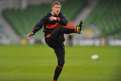 04.02.12 - Wales Rugby Captains Run -.Rhys Priestland kicks during training..