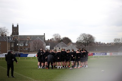 070325 - Wales Rugby Captains Run ahead of their 6 Nations game against Scotland tomorrow - Wales team huddle