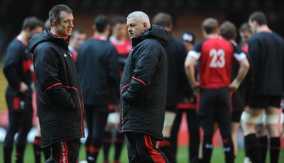 110212 - Wales Rugby Captains Run -Rob Howley and Warren Gatland during training