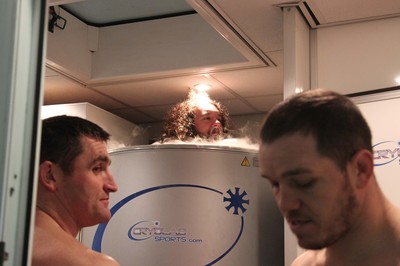 110212   Wales rugby TrainingAdam Jones in the mobile Cryotherapy Unit  at the Millennium Stadium as Huw Bennett(lt) and Paul James(rt) wait for their turn