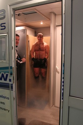 110212   Wales rugby TrainingHuw Bennett goes in the mobile Cryotherapy Unit  at the Millennium Stadium