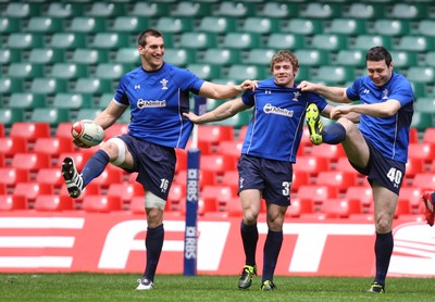 11.03.11 - Wales Captains Run -  Sam Warburton, Leigh Halfpenny and Stephen Jones go through the warmup session 