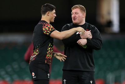 130326 - Wales Rugby Captains Run ahead of their last Six Nations game against Italy - Louis Rees-Zammit and Rhys Carre during training