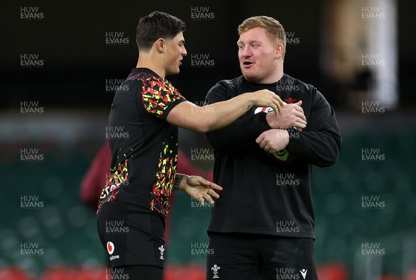 130326 - Wales Rugby Captains Run ahead of their last Six Nations game against Italy - Louis Rees-Zammit and Rhys Carre during training