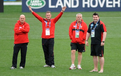 14.10.11 - Wales Rugby Captains Run - Wales defence coach Shaun Edwards, attack coach Rob Howley, head coach Warren Gatland and head of performance analysis Rhys Long during training. 