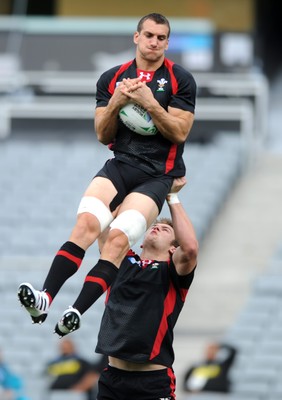 14.10.11 - Wales Rugby Captains Run - Sam Warburton is lifted by Dan Lydiate during training. 