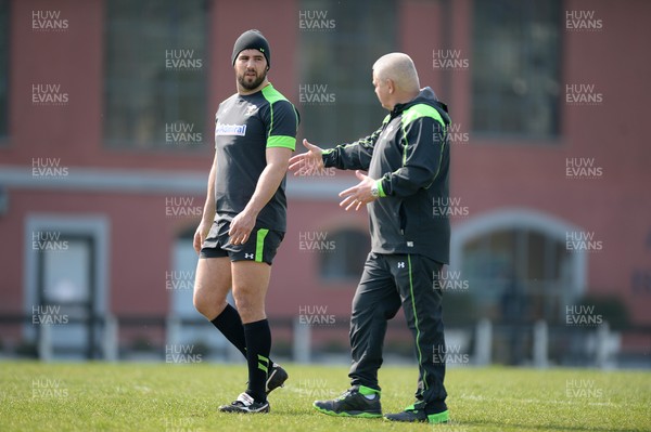 200315 - Wales Rugby Training -Scott Baldwin and Warren Gatland during training