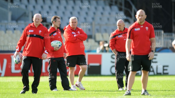 20.10.11 - Wales Rugby Captains Run - (L-R)Kicking coach Neil Jenkins, Attack coach Rob Howley, Head coach Warren Gatland, Defence coach Shaun Edwards and Forwards coach Robin McBryde during training. 