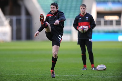 240212 - Wales Rugby Captains Run -Stephen Jones and Rhys Priestland(R) during kicking training