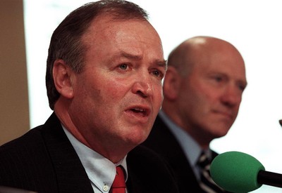 310798 - Wales Rugby -  New Wales coach Graham Henry (left) at today's press conference in Cardiff, with Terry Cobner, Director of Rugby