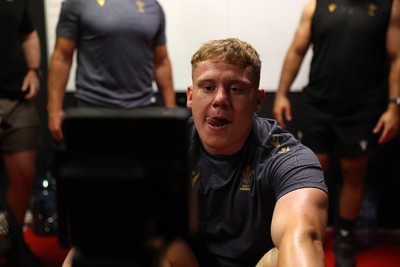 130625 - Picture shows the Welsh Rugby team during extreme heat training, where the air temperature was 388 degrees celsius and 857 humidity - Sam Costelow during training