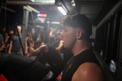 130625 - Picture shows the Welsh Rugby team during extreme heat training, where the air temperature was 388 degrees celsius and 857 humidity - Dan Edwards during training