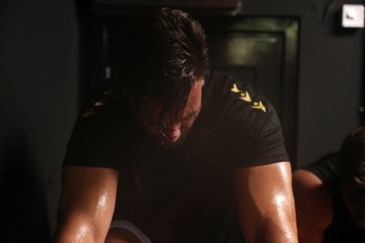 130625 - Picture shows the Welsh Rugby team during extreme heat training, where the air temperature was 388 degrees celsius and 857 humidity - Johnny Williams during training