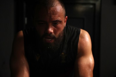 130625 - Picture shows the Welsh Rugby team during extreme heat training, where the air temperature was 388 degrees celsius and 857 humidity - Josh Macleod during training