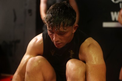 130625 - Picture shows the Welsh Rugby team during extreme heat training, where the air temperature was 388 degrees celsius and 857 humidity - Dan Edwards during training