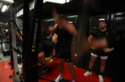 130625 - Picture shows the Welsh Rugby team during extreme heat training, where the air temperature was 388 degrees celsius and 857 humidity - Taine Plumtree during training