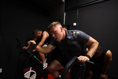 130625 - Picture shows the Welsh Rugby team during extreme heat training, where the air temperature was 388 degrees celsius and 857 humidity - Sam Costelow during training