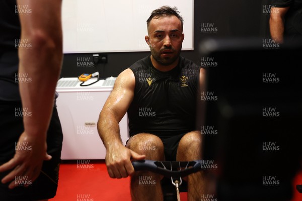 130625 - Picture shows the Welsh Rugby team during extreme heat training, where the air temperature was 388 degrees celsius and 857 humidity - Liam Belcher during training
