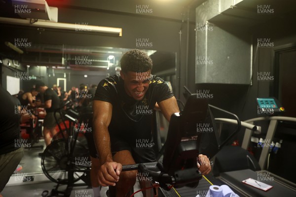 130625 - Picture shows the Welsh Rugby team during extreme heat training, where the air temperature was 388 degrees celsius and 857 humidity - Keelan Giles during training