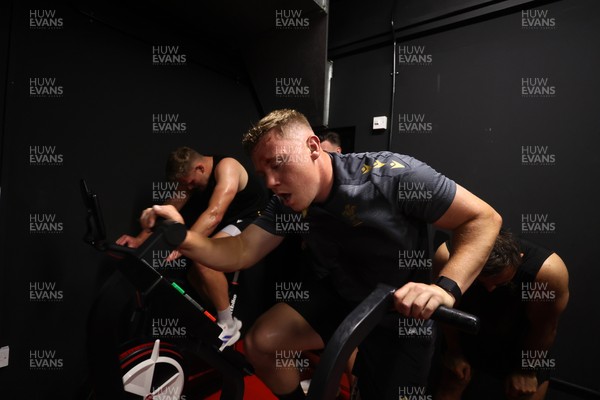 130625 - Picture shows the Welsh Rugby team during extreme heat training, where the air temperature was 388 degrees celsius and 857 humidity - Sam Costelow during training