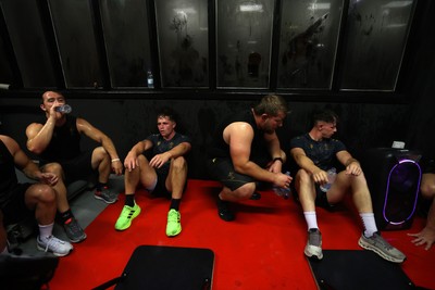 230625 - Wales Rugby Training in the heat chamber - Rhodri Williams, Macs Page, Garyn Phillips and Tom Rogers during training