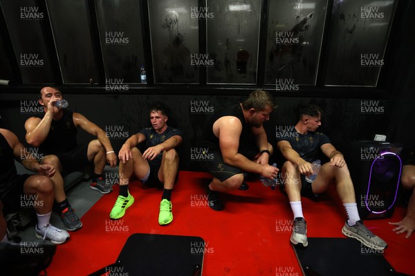 230625 - Wales Rugby Training in the heat chamber - Rhodri Williams, Macs Page, Garyn Phillips and Tom Rogers during training