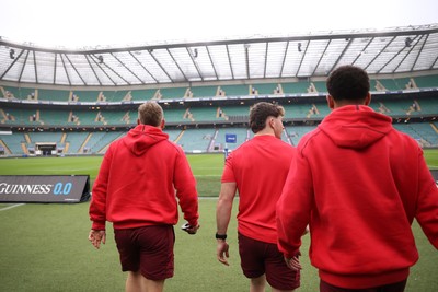 060226 - Wales Rugby kicking session at Twickenham ahead of their first Six Nations game against England - Sam Costelow, Dan Edwards and Ben Thomas