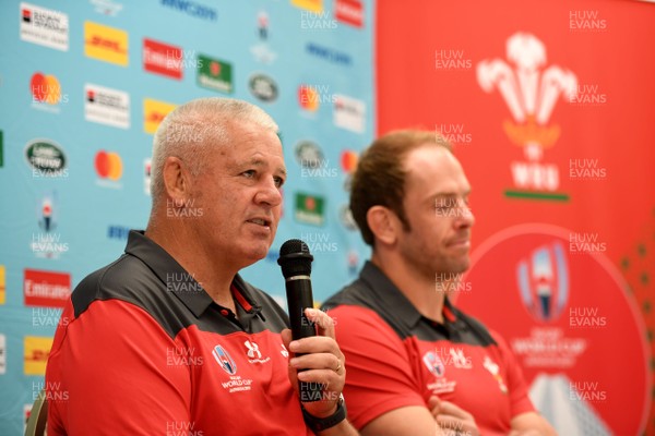 210919 - Wales Rugby Media Interviews - Warren Gatland and Alun Wyn Jones (right) talk to media