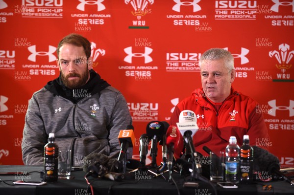 231117 - Wales Rugby Media Interviews - Alun Wyn Jones (left) and Warren Gatland talk to media
