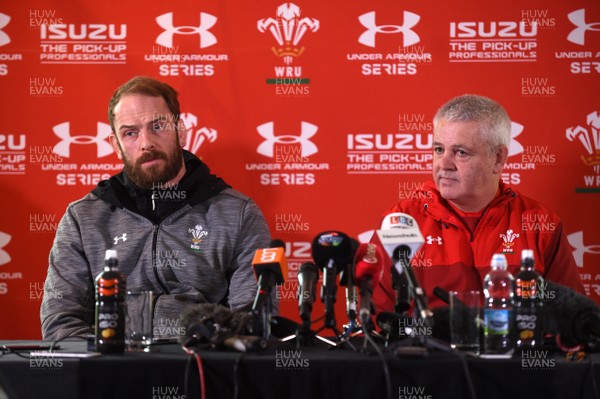 231117 - Wales Rugby Media Interviews - Alun Wyn Jones (left) and Warren Gatland talk to media