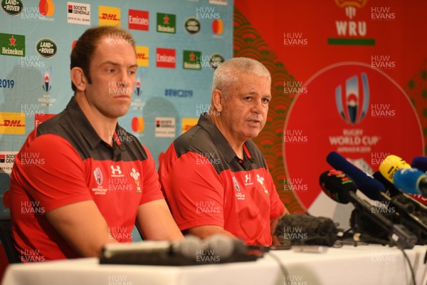270919 - Wales Rugby Media Interviews - Warren Gatland and Alun Wyn Jones (left) talk to media