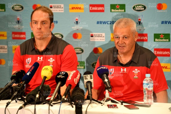 270919 - Wales Rugby Media Interviews - Warren Gatland and Alun Wyn Jones (left) talk to media