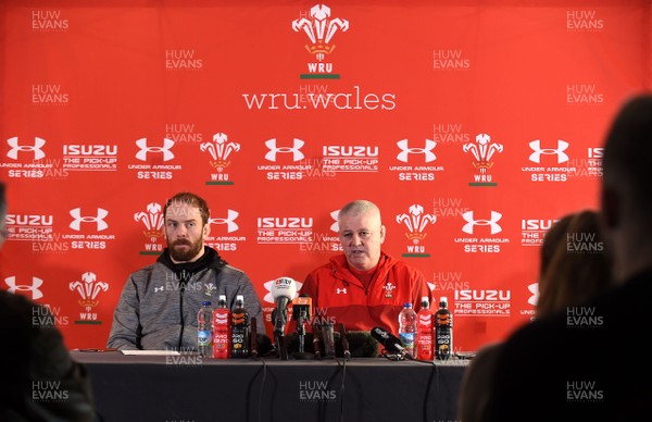 301117 - Wales Rugby Media Interviews - Warren Gatland and Alun Wyn Jones (L) talks to media
