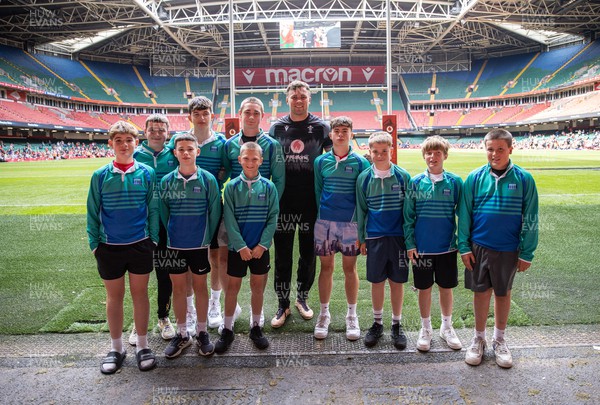 070823 - Wales Rugby Open Training to the public at the Principality Stadium - Mason Grady with fans during training