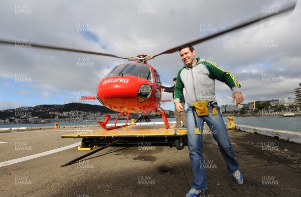 16.06.10 - Wales Rugby Players Helicopter Trip - Stephen Jones leaves the helicopter after a trip around Wellington. 