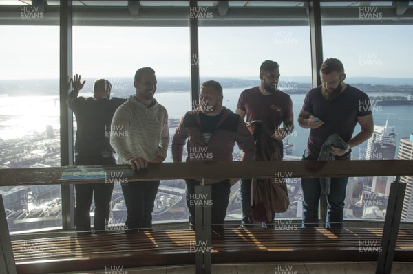 050616 - Wales Rugby Squad Sky Tower Walk -Rhodri Jones, Sam Warburton, Samson Lee, Josh Turnbull and Jake Ball at the top of the Sky Tower in Auckland on a afternoon off after training