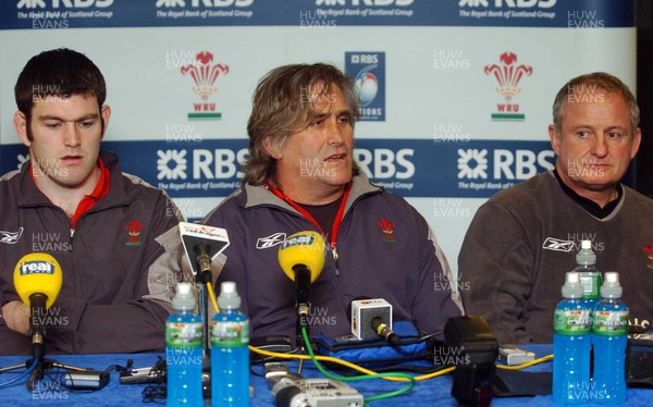 220206 - Wales Rugby - Wales captain Michael Owen, coach Scott Johnson and team Manager Alan Phillips ahead of their side's clash against Ireland  