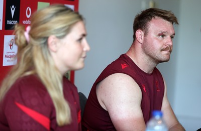 230626 - Picture shows both Wales Captains Alex Callender and Dewi Lake speaking during a press conference ahead of their double header against the Barbarians