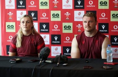 230626 - Picture shows both Wales Captains Alex Callender and Dewi Lake speaking during a press conference ahead of their double header against the Barbarians
