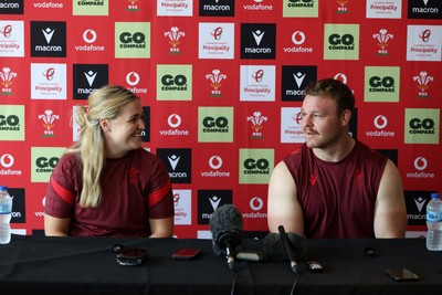 230626 - Picture shows both Wales Captains Alex Callender and Dewi Lake speaking during a press conference ahead of their double header against the Barbarians